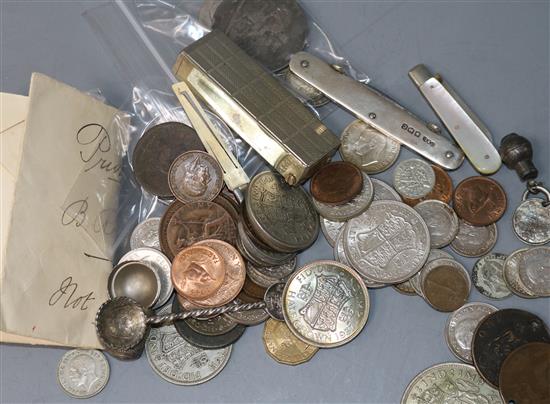 A small collection of English silver and other coins and sundries,